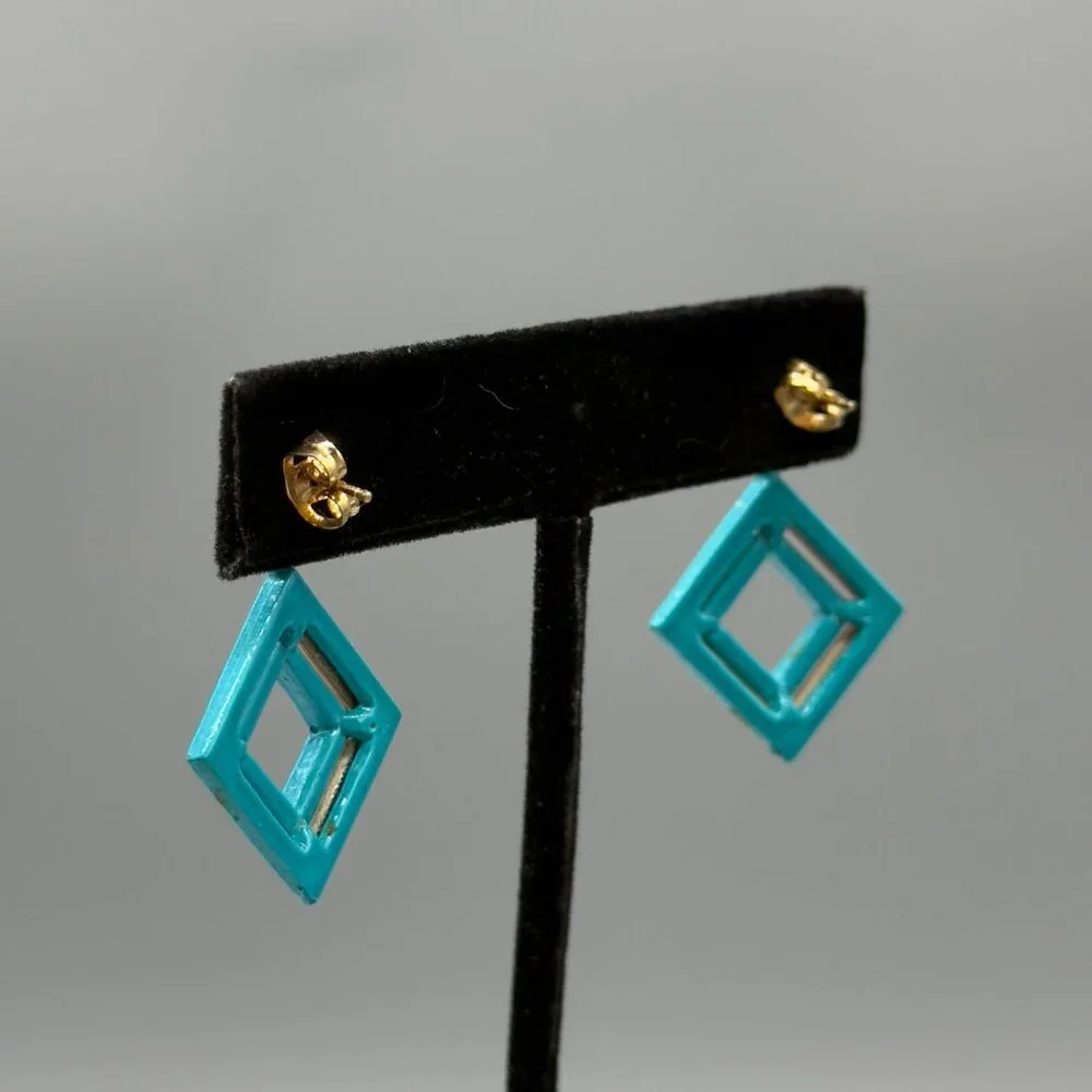 Vintage Bright Multicolor Retro Geometric Enamel Block Square Earrings 80's - Picture 3 of 10